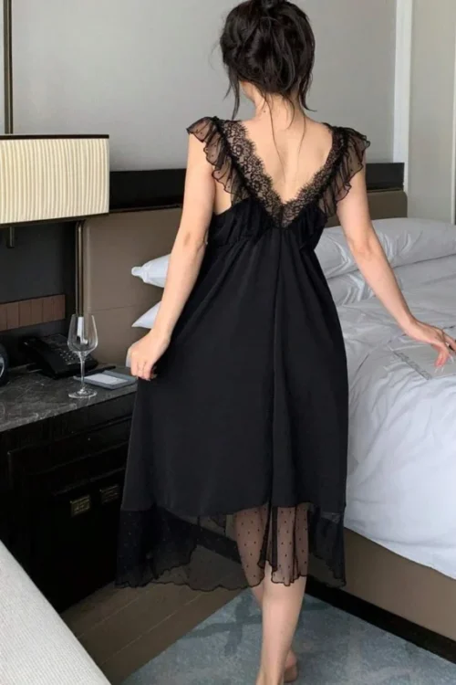 Black Lace-Trim Nightdress with Sheer Sleeves - Image 2