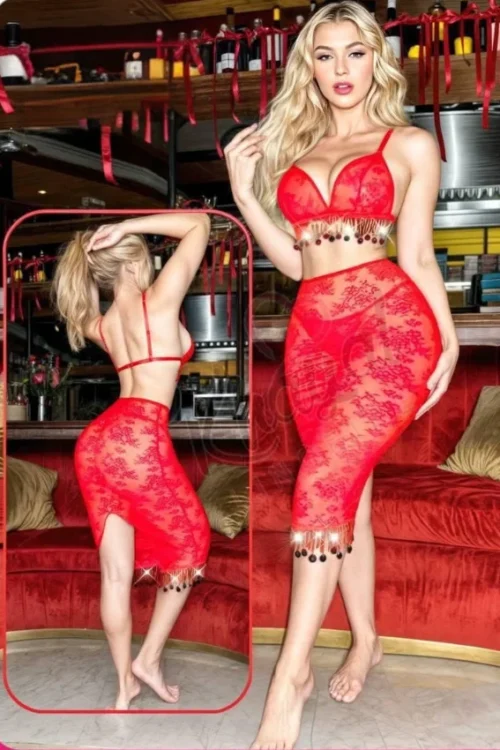 Red Sheer Lace Bralette & Skirt Set with Tassel Trim