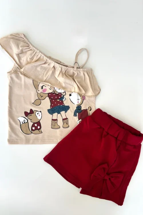 Cute Cartoon Top and Red Shorts Set