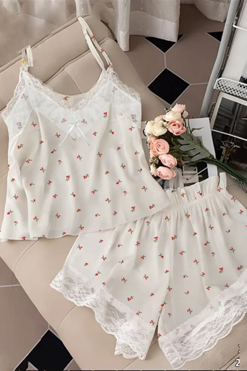 Floral Sleeveless Lace Pajama Set - Image 3