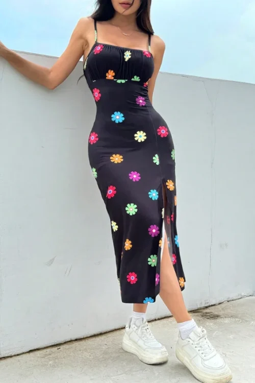 Floral Pattern Strappy Midi Dress - Image 3