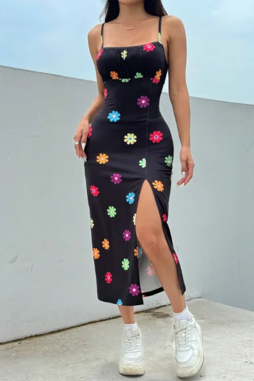 Floral Pattern Strappy Midi Dress - Image 4