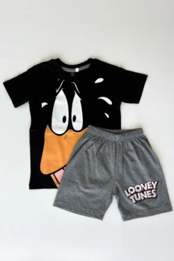 Cartoon Print T-Shirt with Grey Shorts