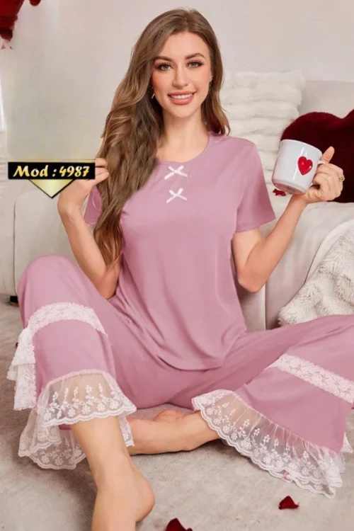 Red Lace Pajama Set with Short Sleeves - Image 2
