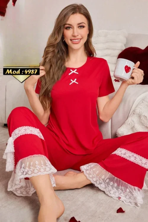 Red Lace Pajama Set with Short Sleeves