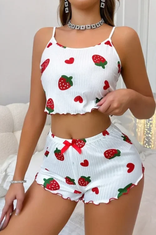 Strawberry Print Sleeveless Pajama Set - Image 2