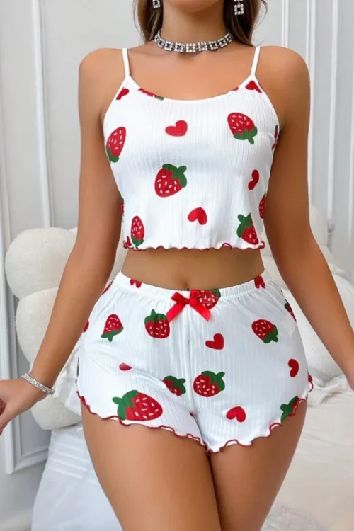 Strawberry Print Sleeveless Pajama Set