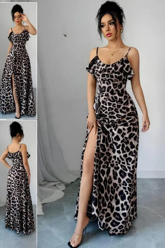 Leopard Print Ruffle Maxi Dress