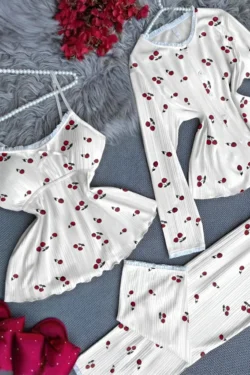 3 Piece Cherry Print Long Sleeve Pajama Set
