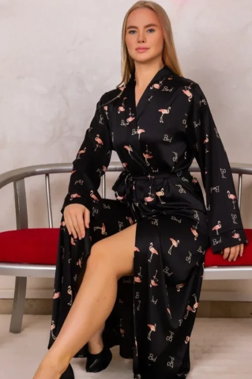 Elegant Satin Flamingo Pattern Robe - Image 2
