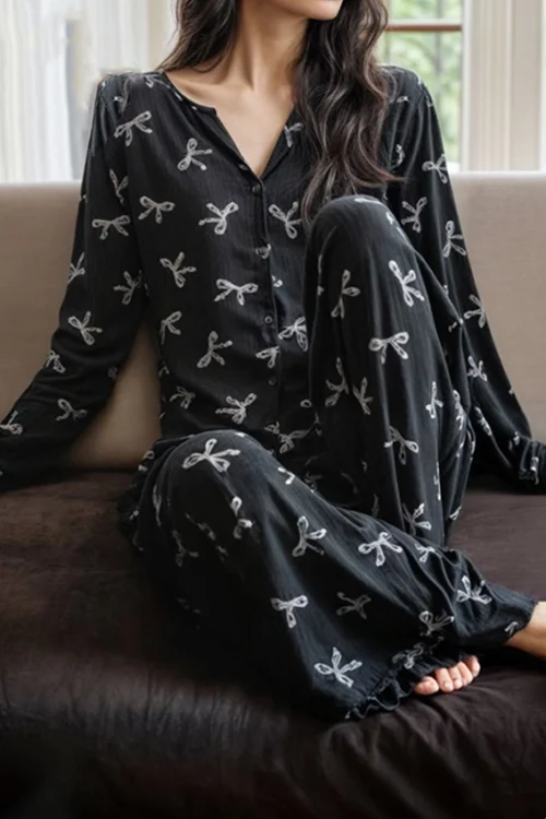 Bow Pattern Long Sleeve Pajama Set