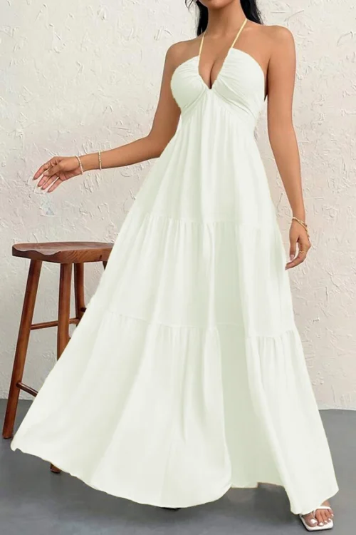 Elegant Sleeveless Yellow Halter Dress - Image 3