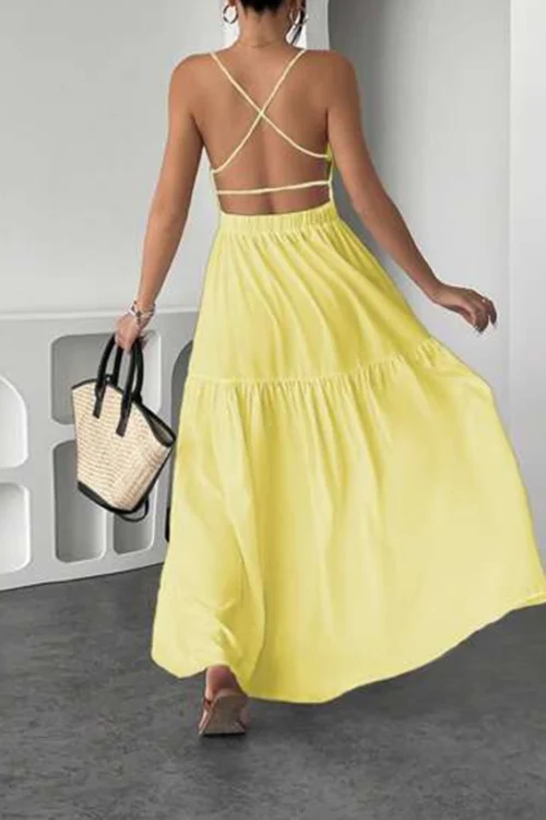 Elegant Sleeveless Yellow Halter Dress - Image 2