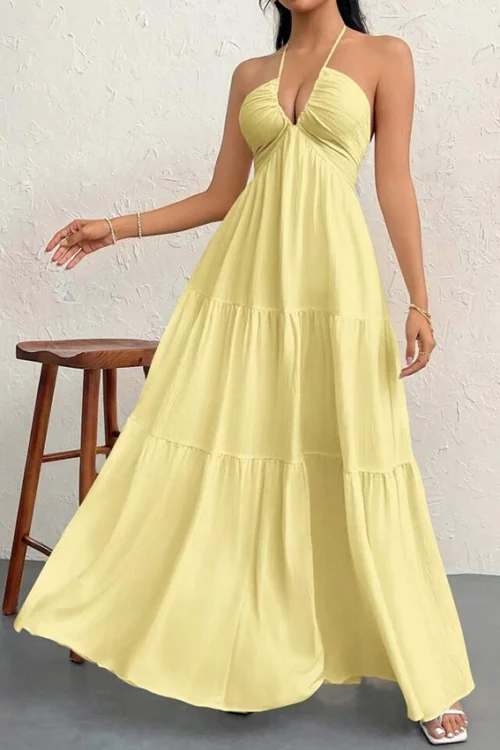 Elegant Sleeveless Yellow Halter Dress