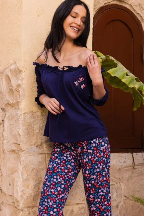 Floral Pattern Off-Shoulder Pajama Set - Image 2