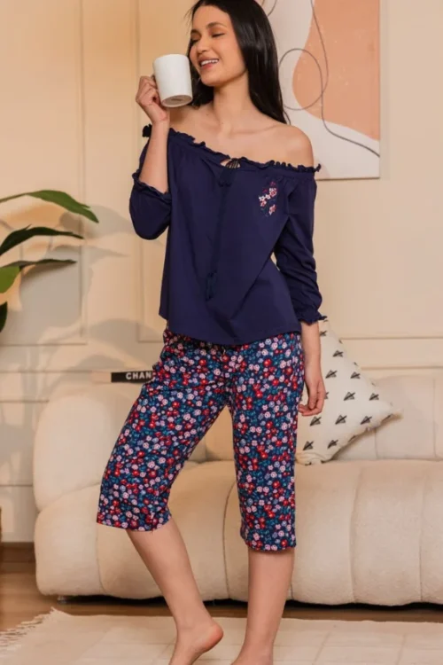 Floral Pattern Off-Shoulder Pajama Set - Image 3
