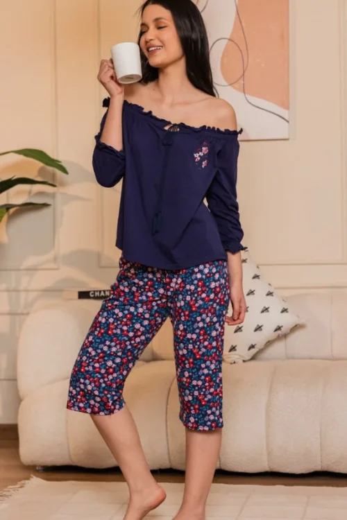 Floral Pattern Off-Shoulder Pajama Set