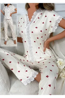 Heart Pattern Lace Trim Sleepwear Set