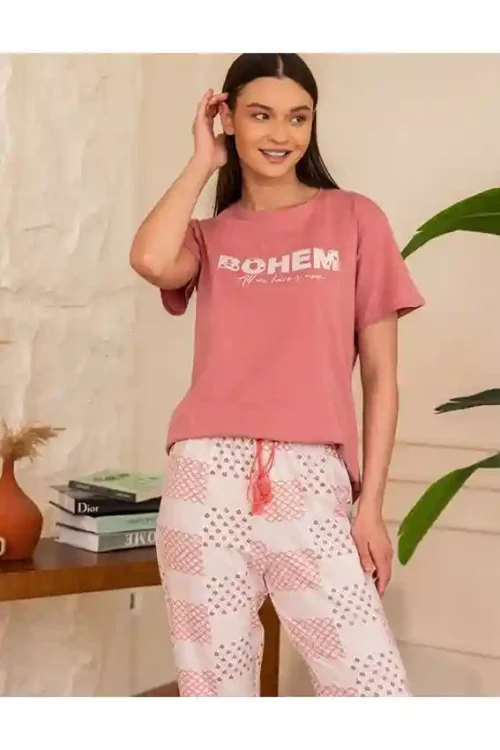 Short Sleeve Boho Patchwork Pants Set
