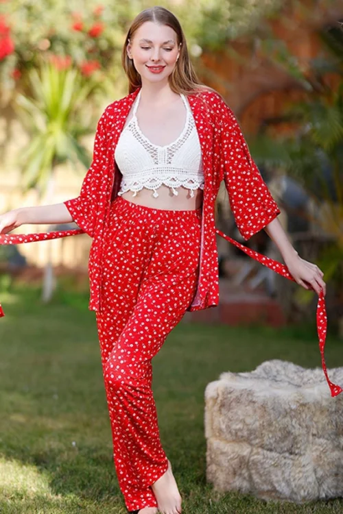 Red Floral Long Sleeve Pants Set - Image 2