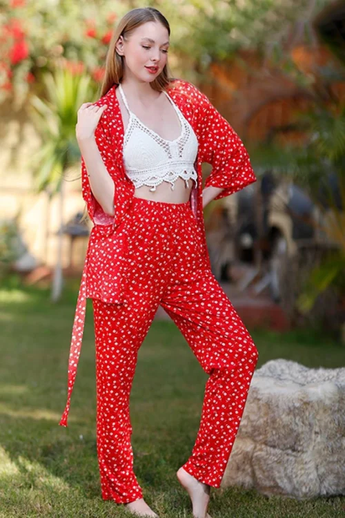 Red Floral Long Sleeve Pants Set