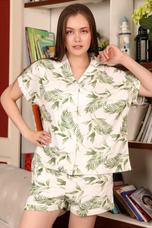 Leaf Print Short Sleeve Pajama Set - Image 2