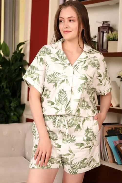 Leaf Print Short Sleeve Pajama Set - Image 3