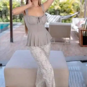 Floral Pants with Gray Cap Sleeve Top