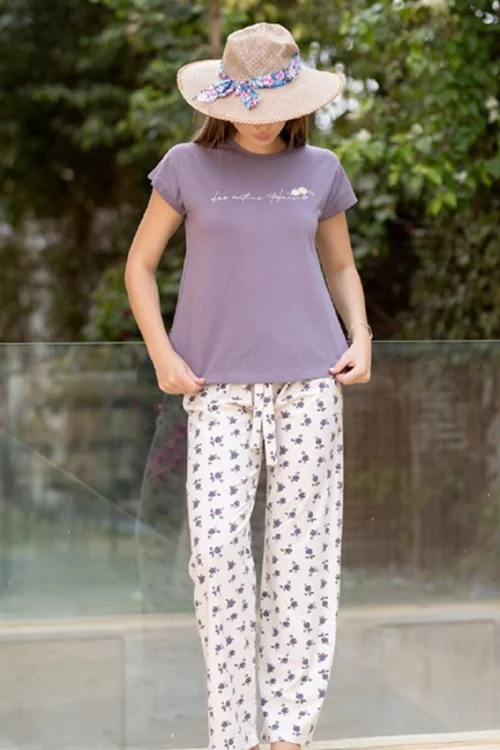 Floral Print Pajama with Cap Sleeve