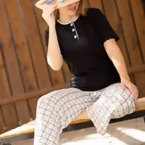 Black Top with Checkered Pants Combo