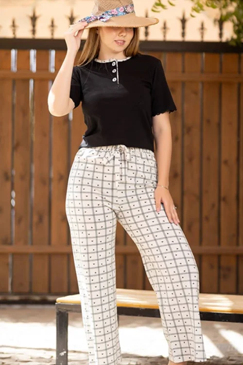 Black Top with Checkered Pants Combo