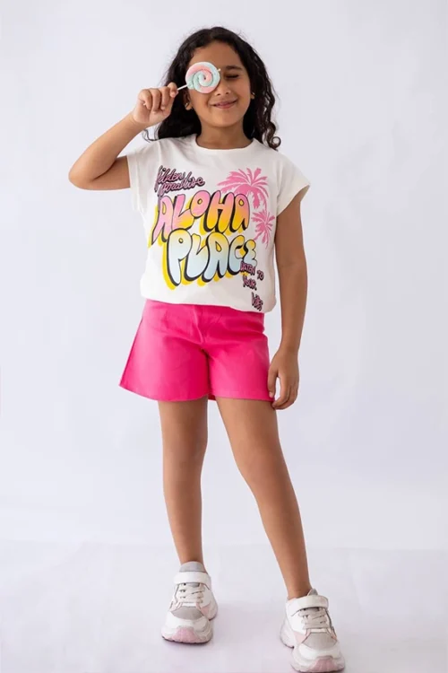 Graphic Tee and Pink Shorts Set - Image 2