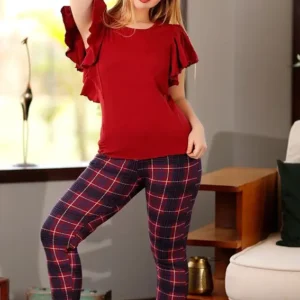 Red Ruffle Top with Plaid Pants