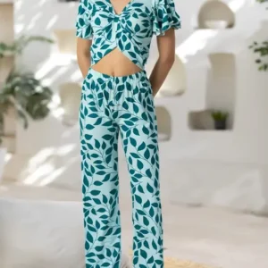 Vibrant Leaf Pattern Ruffle Sleeve Set