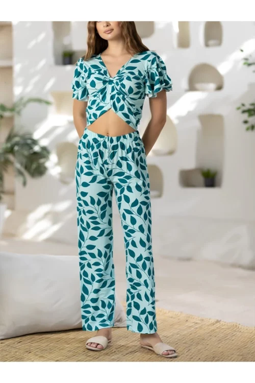 Vibrant Leaf Pattern Ruffle Sleeve Set - Image 2