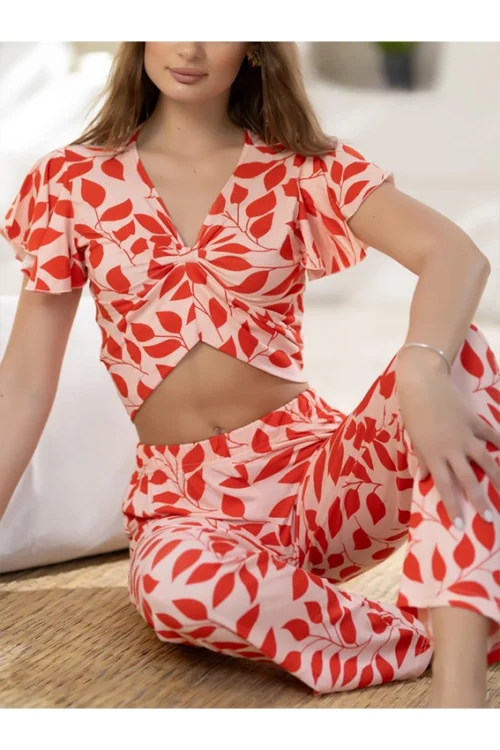 Vibrant Leaf Pattern Ruffle Sleeve Set - Image 3