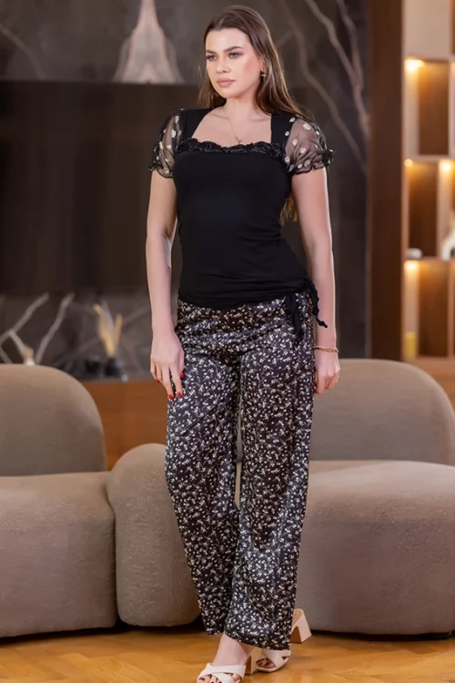 Floral Pants with Sheer Sleeves Blouse