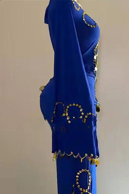 Elegant Blue Beaded Long Sleeve Dress - Image 2