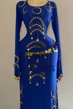 Elegant Blue Beaded Long Sleeve Dress