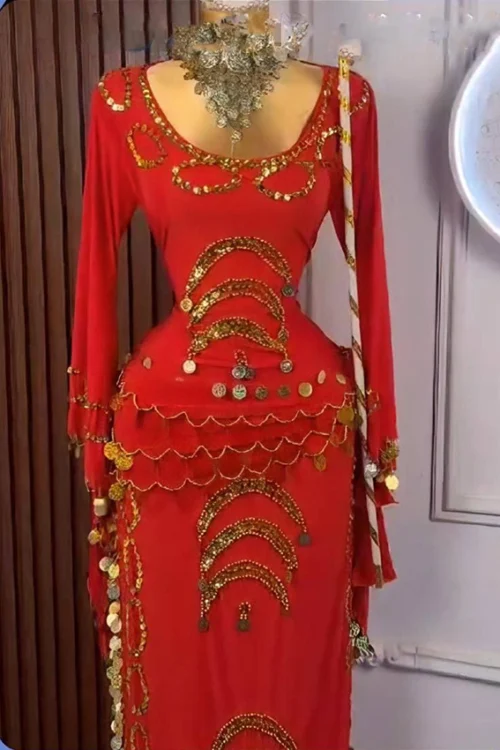 Elegant Blue Beaded Long Sleeve Dress - Image 4