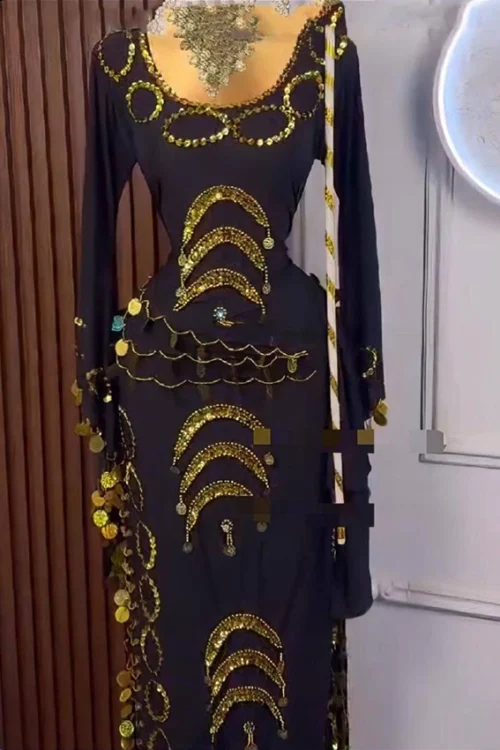 Elegant Blue Beaded Long Sleeve Dress - Image 5