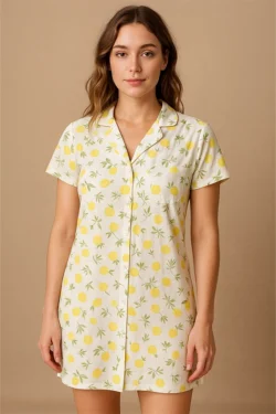 Women's Lemon Print Button-Up Nightshirt