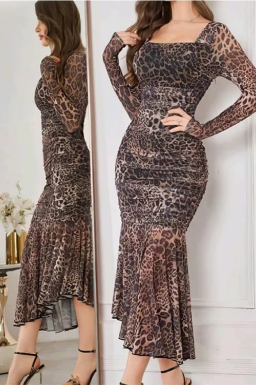 Leopard Print Long Sleeve Dress