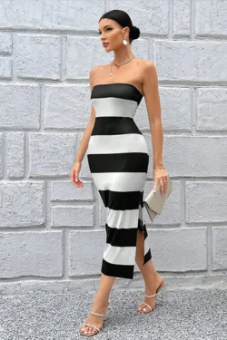 Strapless Striped Midi Dress