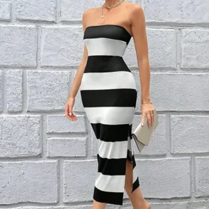 Strapless Striped Midi Dress