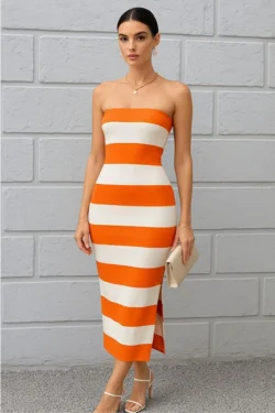 Strapless Striped Midi Dress