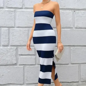 Strapless Striped Midi Dress