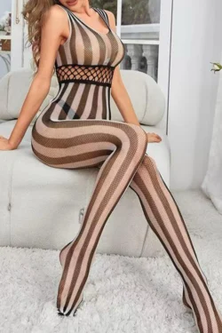 Striped Sleeveless Mesh Bodysuit