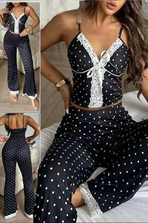 Polka Dot Lace Trim Pajama Set - Image 2