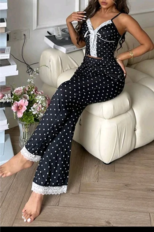 Polka Dot Lace Trim Pajama Set